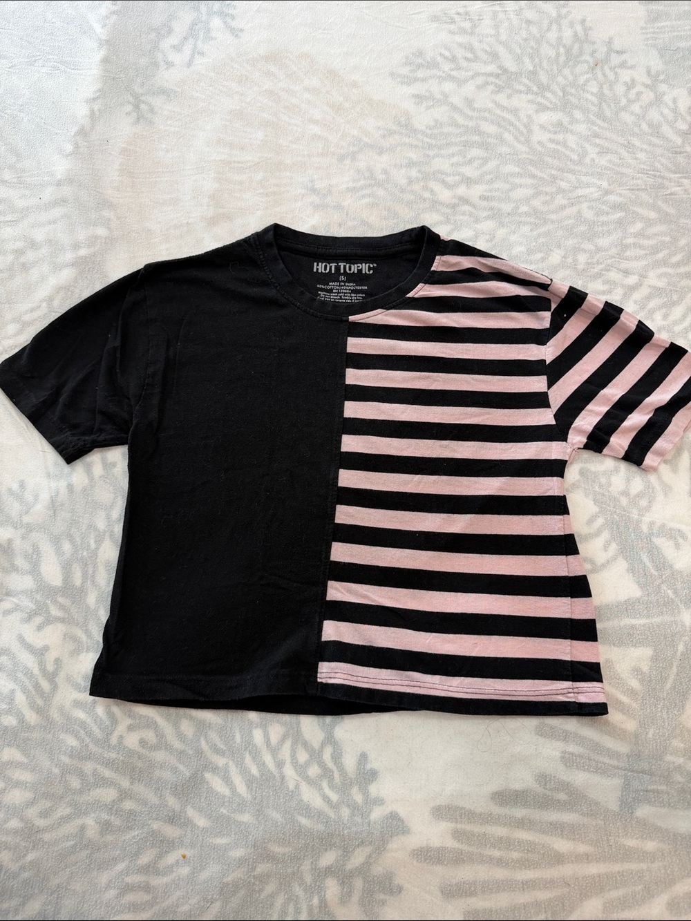 Hot Topic Black and Light Pink Half-Striped Short Sleeve Tee